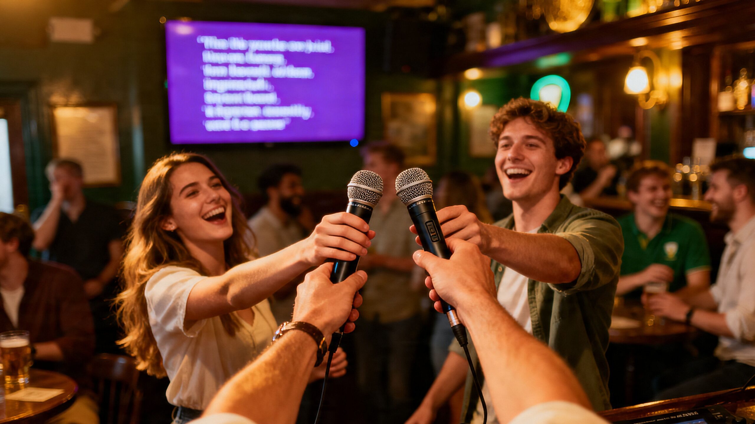 Friends singing into microphones | karaoke party