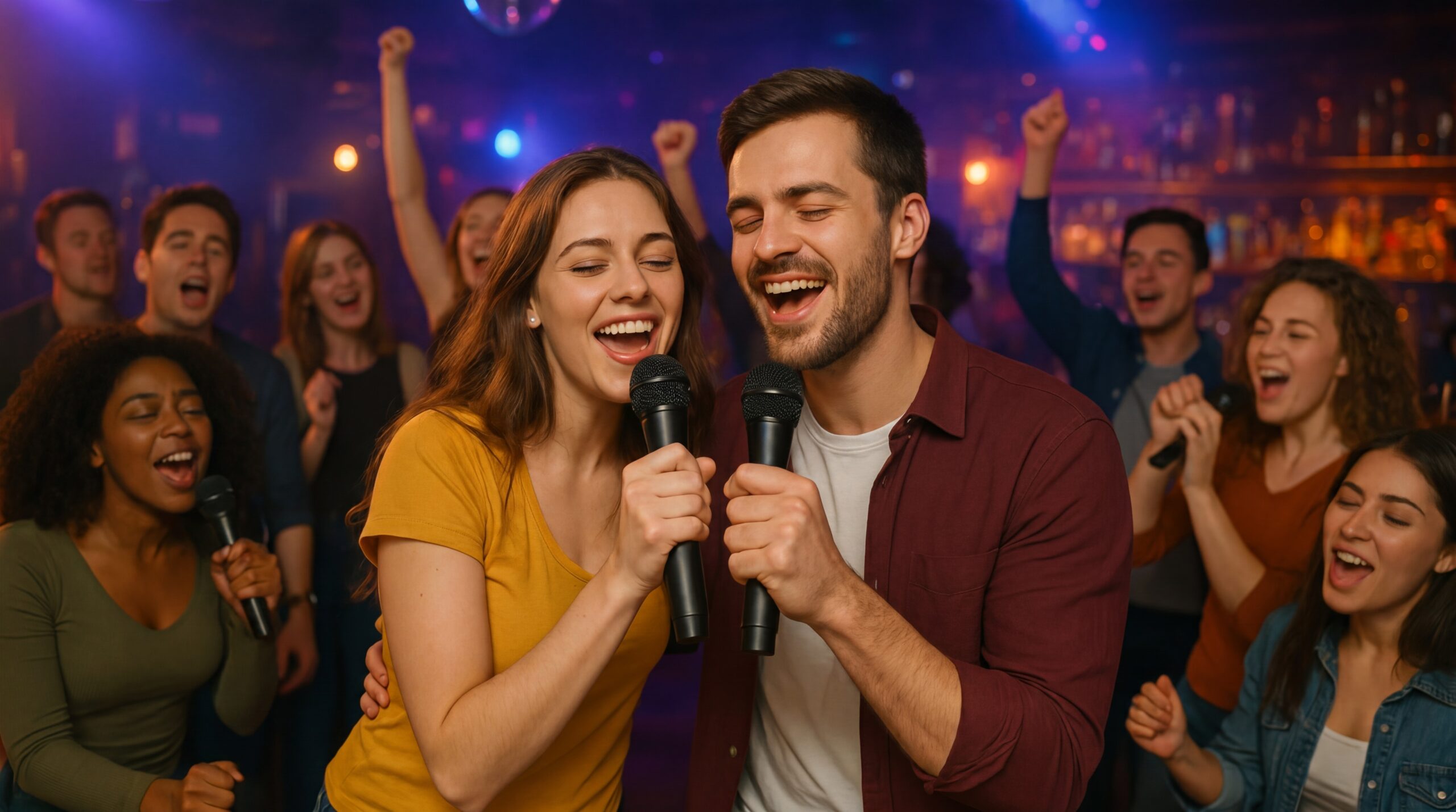 Group singing at bar table | karaoke party