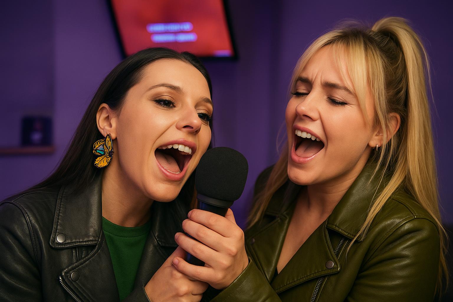 Two women singing happily | karaoke party