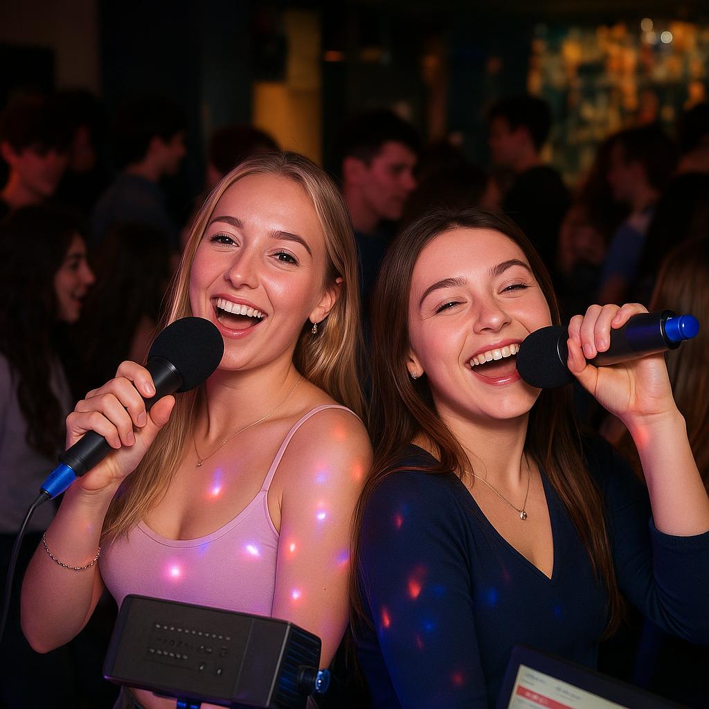 Two women singing together | karaoke party